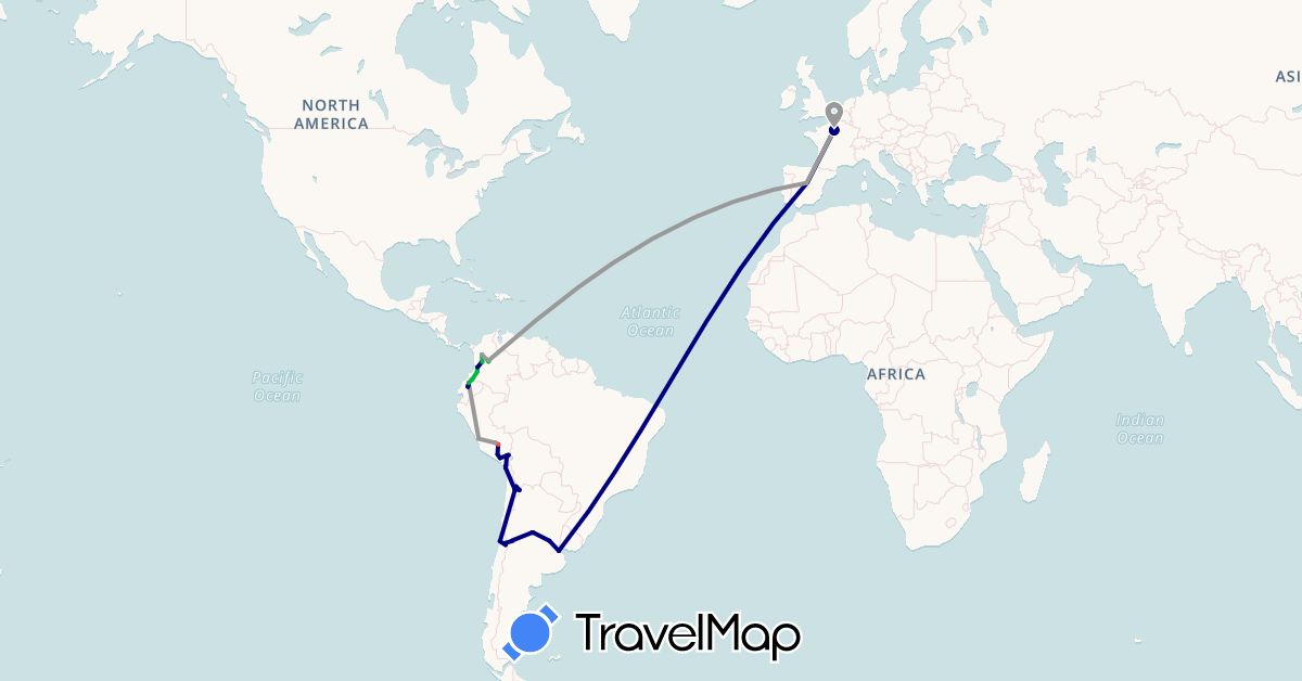 TravelMap itinerary: driving, bus, plane, hiking in Argentina, Chile, Colombia, Ecuador, Spain, France, Peru (Europe, South America)